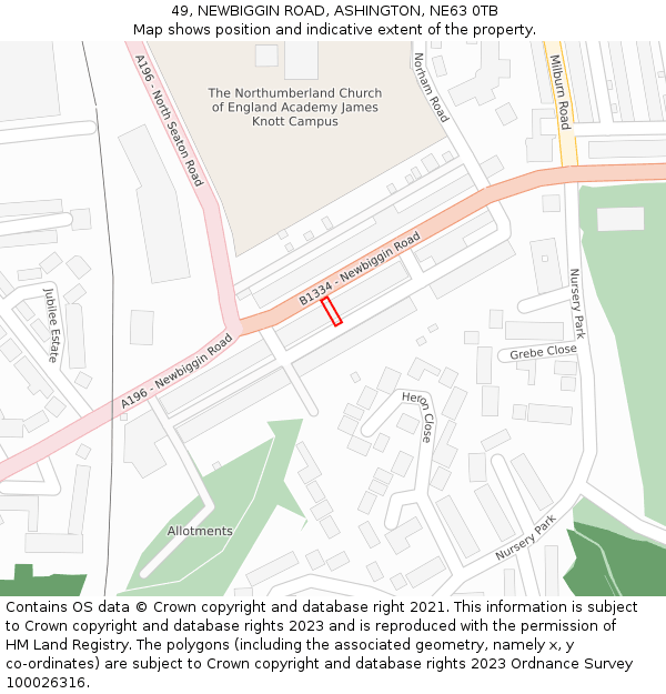 49, NEWBIGGIN ROAD, ASHINGTON, NE63 0TB: Location map and indicative extent of plot