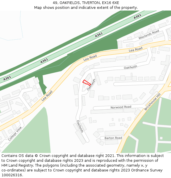 49, OAKFIELDS, TIVERTON, EX16 6XE: Location map and indicative extent of plot