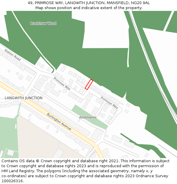 49, PRIMROSE WAY, LANGWITH JUNCTION, MANSFIELD, NG20 9AL: Location map and indicative extent of plot