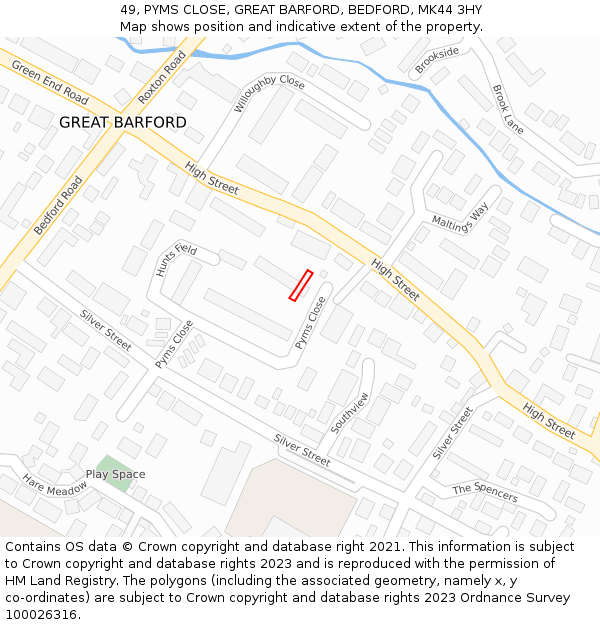 49, PYMS CLOSE, GREAT BARFORD, BEDFORD, MK44 3HY: Location map and indicative extent of plot