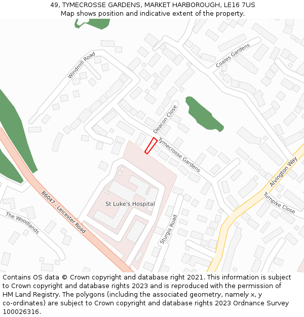 49, TYMECROSSE GARDENS, MARKET HARBOROUGH, LE16 7US: Location map and indicative extent of plot