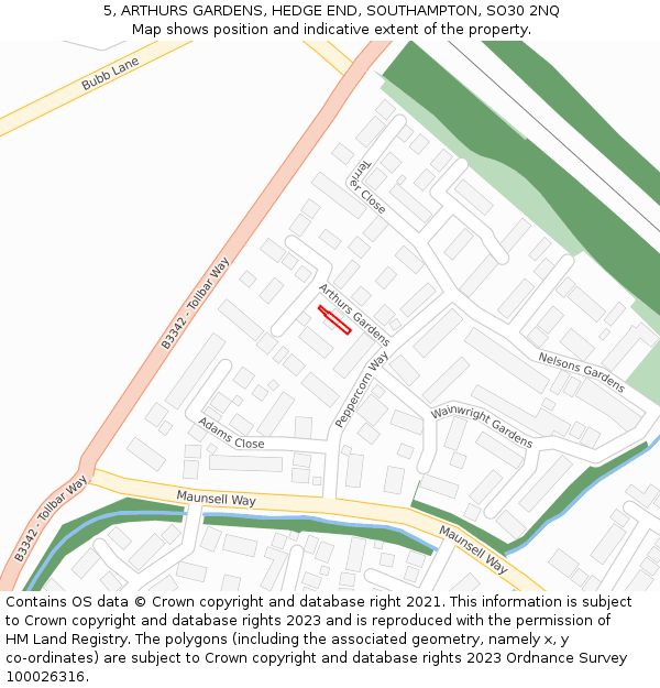 5, ARTHURS GARDENS, HEDGE END, SOUTHAMPTON, SO30 2NQ: Location map and indicative extent of plot