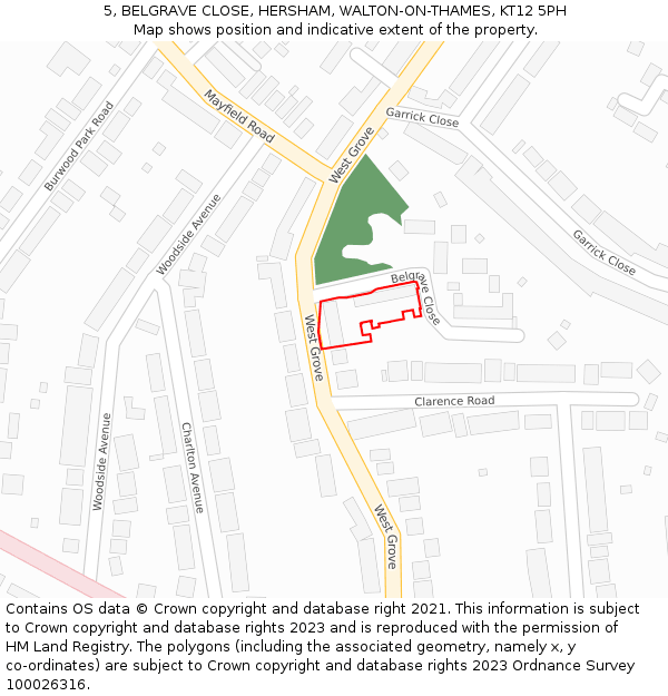 5, BELGRAVE CLOSE, HERSHAM, WALTON-ON-THAMES, KT12 5PH: Location map and indicative extent of plot