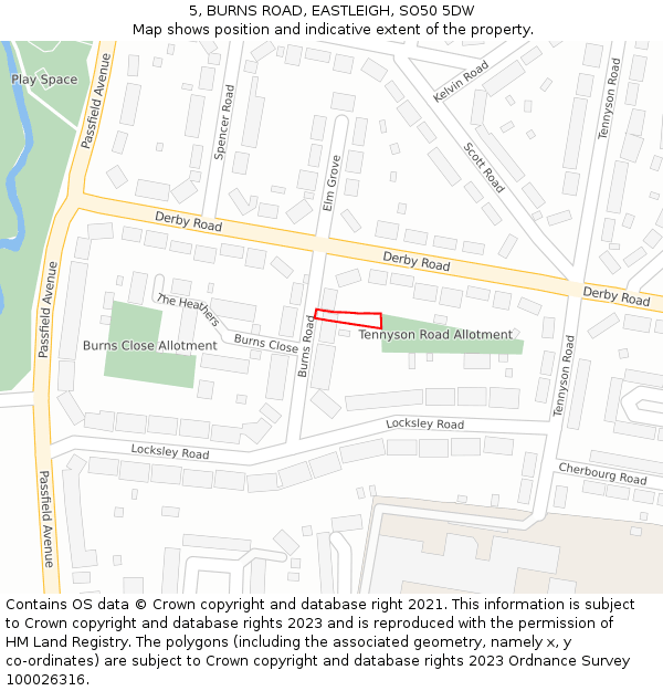 5, BURNS ROAD, EASTLEIGH, SO50 5DW: Location map and indicative extent of plot