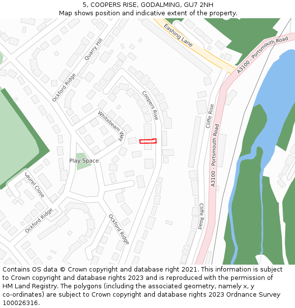 5, COOPERS RISE, GODALMING, GU7 2NH: Location map and indicative extent of plot