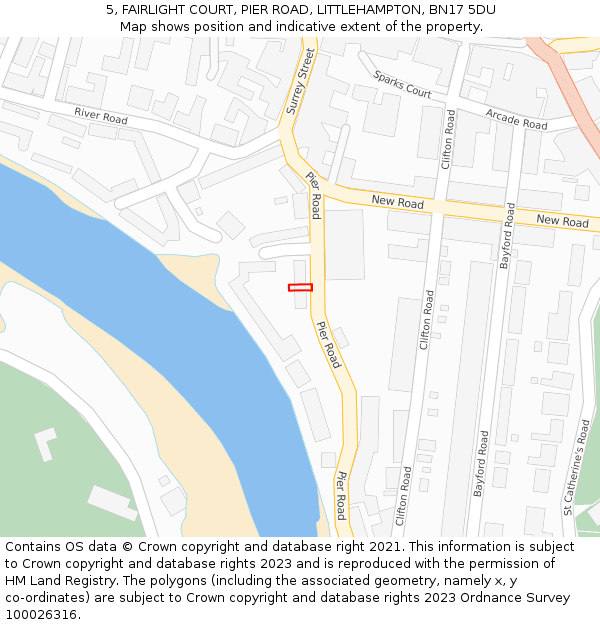 5, FAIRLIGHT COURT, PIER ROAD, LITTLEHAMPTON, BN17 5DU: Location map and indicative extent of plot