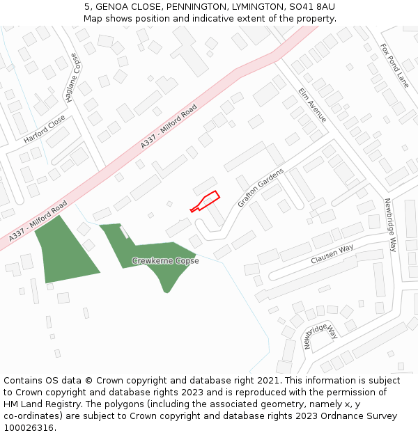 5, GENOA CLOSE, PENNINGTON, LYMINGTON, SO41 8AU: Location map and indicative extent of plot