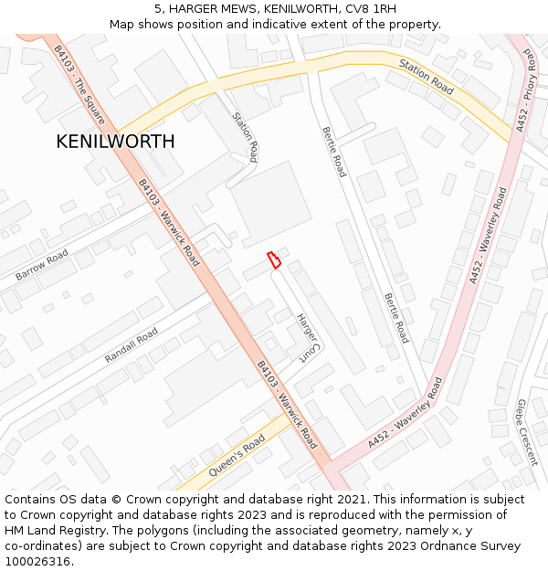 5, HARGER MEWS, KENILWORTH, CV8 1RH: Location map and indicative extent of plot
