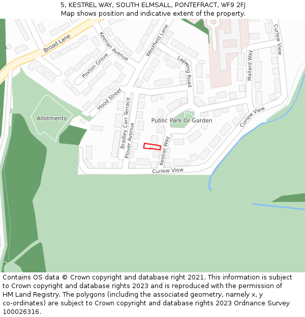 5, KESTREL WAY, SOUTH ELMSALL, PONTEFRACT, WF9 2FJ: Location map and indicative extent of plot