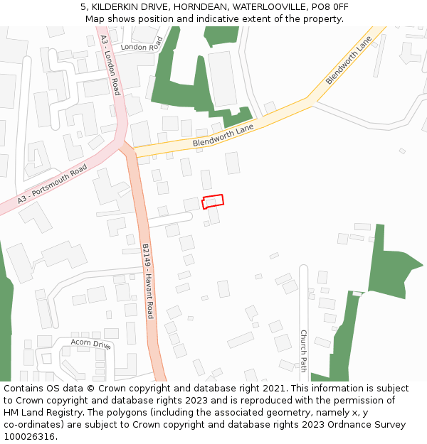5, KILDERKIN DRIVE, HORNDEAN, WATERLOOVILLE, PO8 0FF: Location map and indicative extent of plot