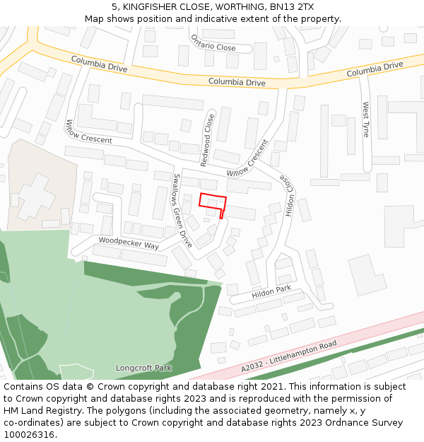 5, KINGFISHER CLOSE, WORTHING, BN13 2TX: Location map and indicative extent of plot