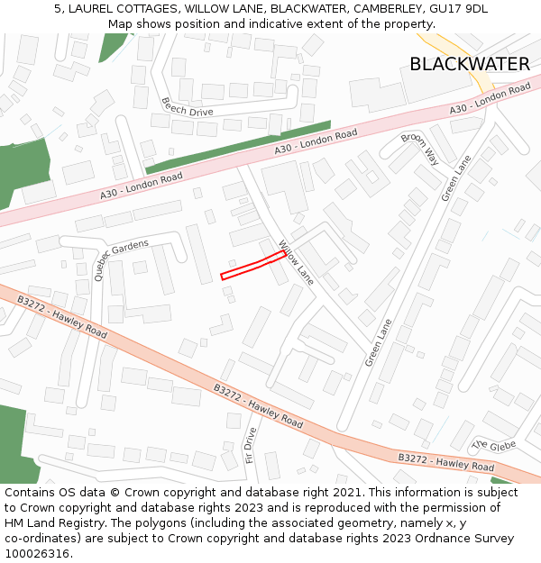 5, LAUREL COTTAGES, WILLOW LANE, BLACKWATER, CAMBERLEY, GU17 9DL: Location map and indicative extent of plot