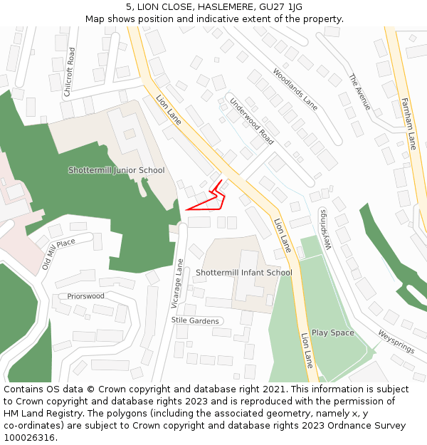 5, LION CLOSE, HASLEMERE, GU27 1JG: Location map and indicative extent of plot