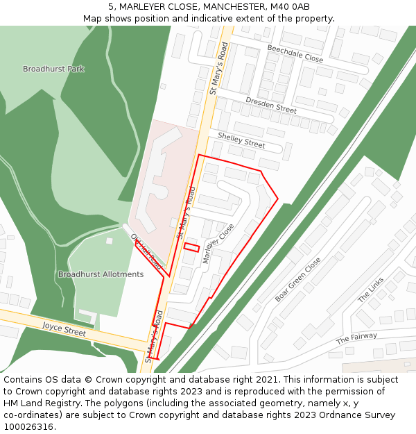 5, MARLEYER CLOSE, MANCHESTER, M40 0AB: Location map and indicative extent of plot