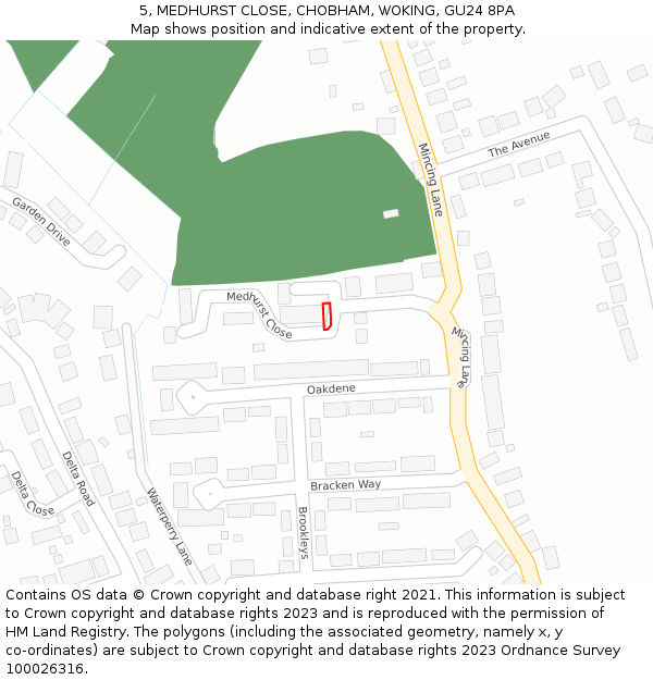 5, MEDHURST CLOSE, CHOBHAM, WOKING, GU24 8PA: Location map and indicative extent of plot