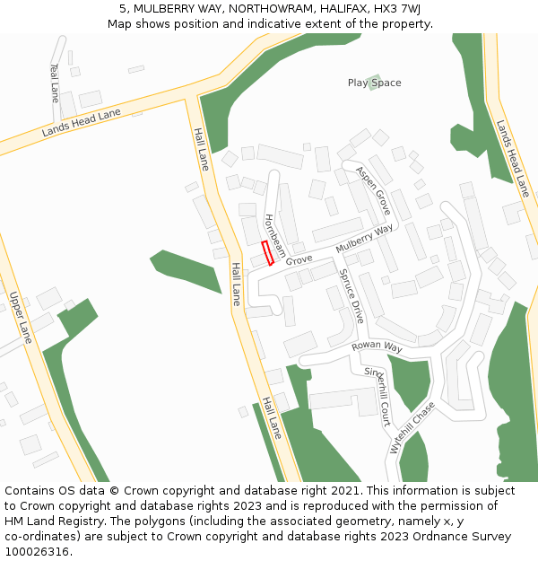 5, MULBERRY WAY, NORTHOWRAM, HALIFAX, HX3 7WJ: Location map and indicative extent of plot