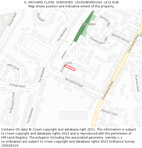 5, ORCHARD CLOSE, SHEPSHED, LOUGHBOROUGH, LE12 9UB: Location map and indicative extent of plot