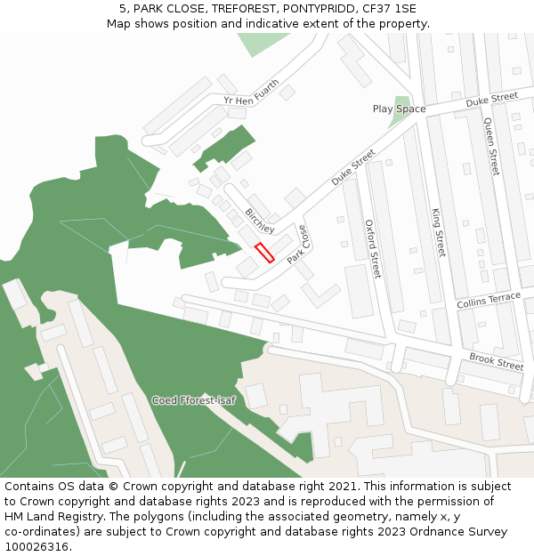 5, PARK CLOSE, TREFOREST, PONTYPRIDD, CF37 1SE: Location map and indicative extent of plot