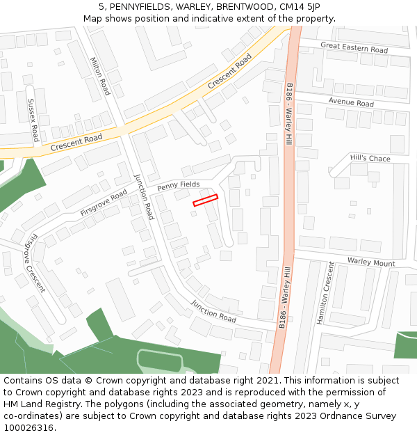 5, PENNYFIELDS, WARLEY, BRENTWOOD, CM14 5JP: Location map and indicative extent of plot