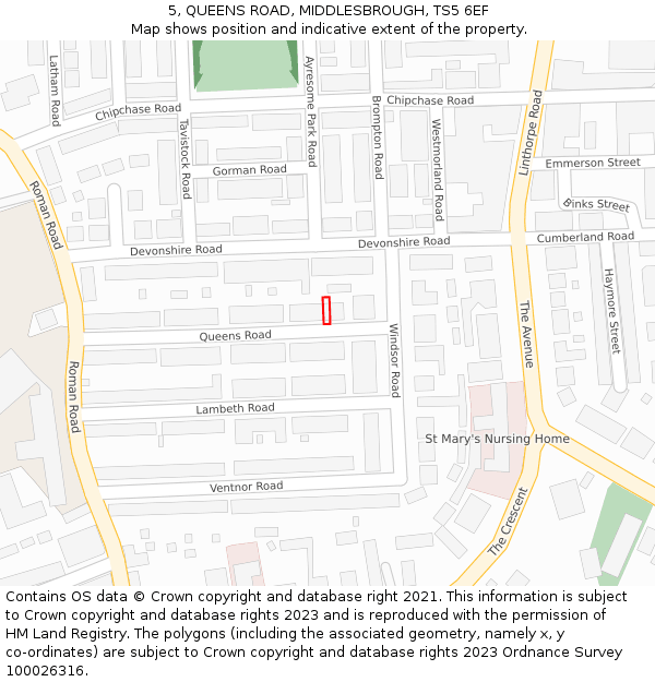 5, QUEENS ROAD, MIDDLESBROUGH, TS5 6EF: Location map and indicative extent of plot
