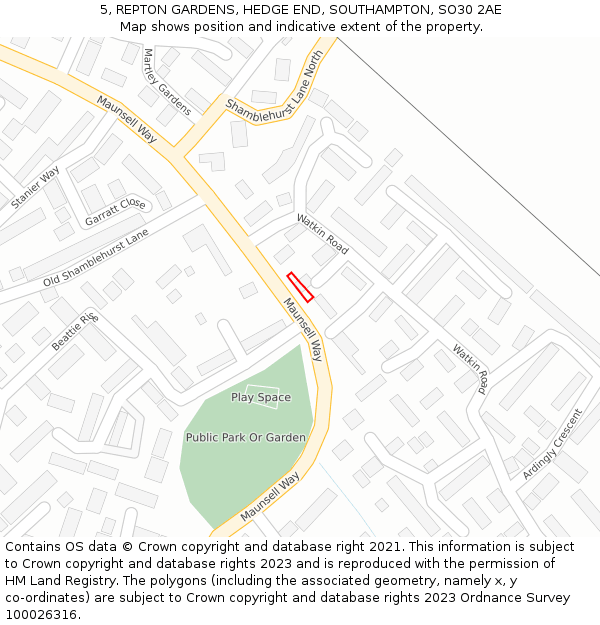 5, REPTON GARDENS, HEDGE END, SOUTHAMPTON, SO30 2AE: Location map and indicative extent of plot