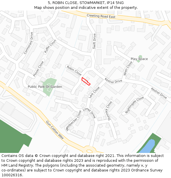 5, ROBIN CLOSE, STOWMARKET, IP14 5NG: Location map and indicative extent of plot