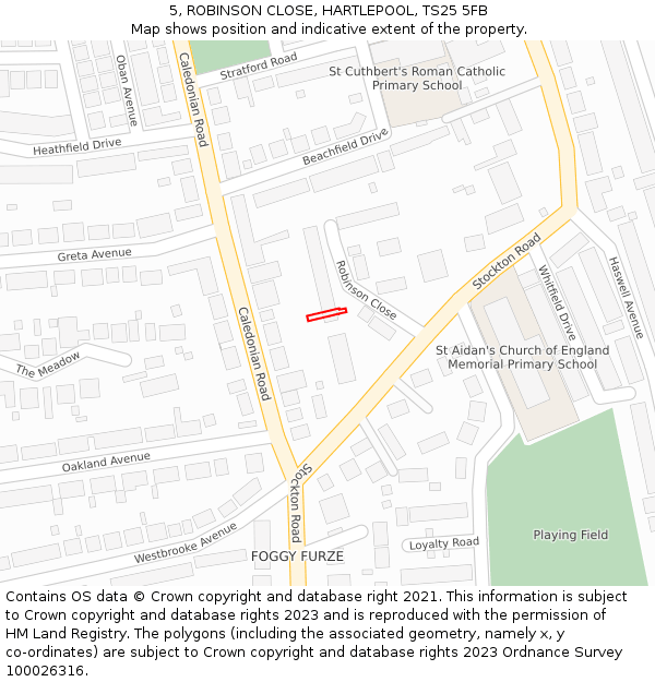 5, ROBINSON CLOSE, HARTLEPOOL, TS25 5FB: Location map and indicative extent of plot