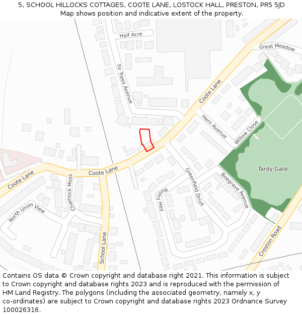 5, SCHOOL HILLOCKS COTTAGES, COOTE LANE, LOSTOCK HALL, PRESTON, PR5 5JD: Location map and indicative extent of plot