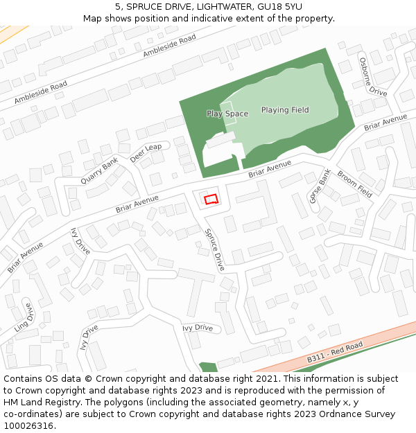 5, SPRUCE DRIVE, LIGHTWATER, GU18 5YU: Location map and indicative extent of plot