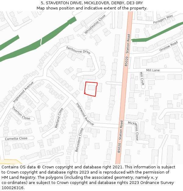 5, STAVERTON DRIVE, MICKLEOVER, DERBY, DE3 0RY: Location map and indicative extent of plot
