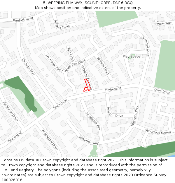 5, WEEPING ELM WAY, SCUNTHORPE, DN16 3GQ: Location map and indicative extent of plot