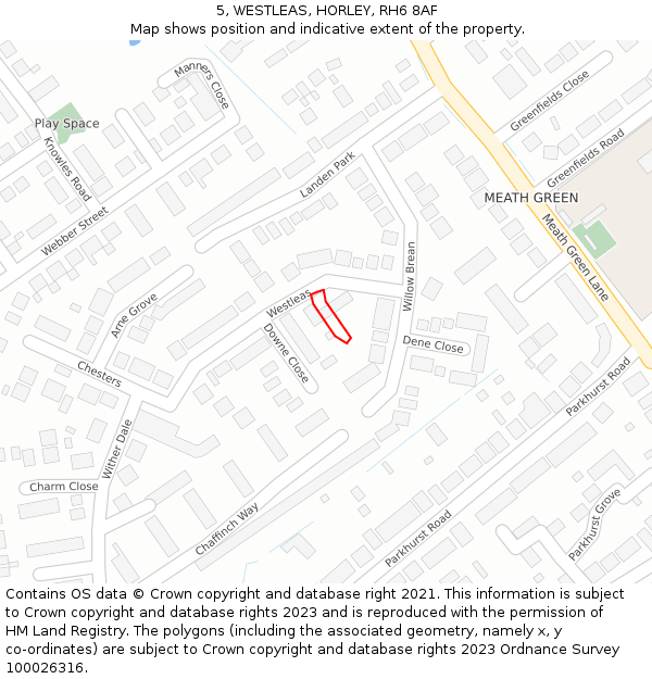 5, WESTLEAS, HORLEY, RH6 8AF: Location map and indicative extent of plot