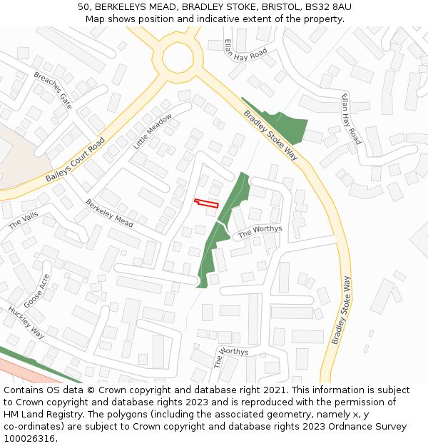 50, BERKELEYS MEAD, BRADLEY STOKE, BRISTOL, BS32 8AU: Location map and indicative extent of plot