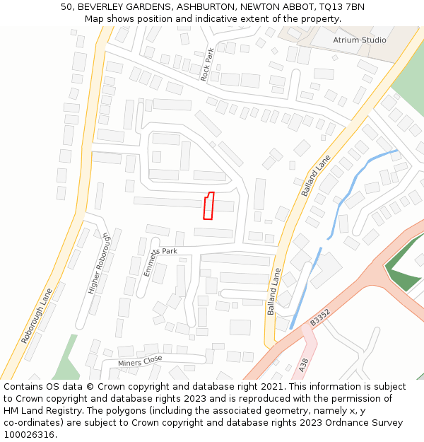 50, BEVERLEY GARDENS, ASHBURTON, NEWTON ABBOT, TQ13 7BN: Location map and indicative extent of plot