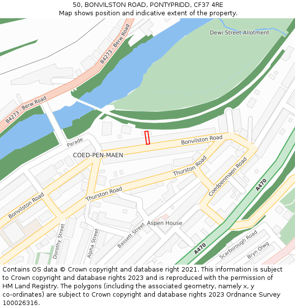 50, BONVILSTON ROAD, PONTYPRIDD, CF37 4RE: Location map and indicative extent of plot