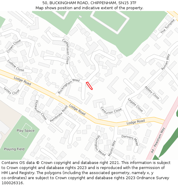 50, BUCKINGHAM ROAD, CHIPPENHAM, SN15 3TF: Location map and indicative extent of plot