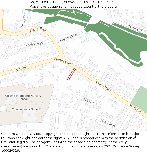 50, CHURCH STREET, CLOWNE, CHESTERFIELD, S43 4BL: Location map and indicative extent of plot