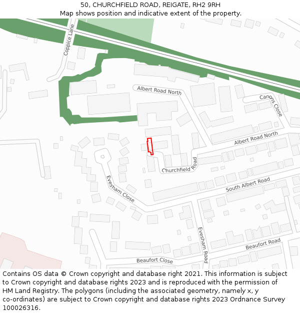 50, CHURCHFIELD ROAD, REIGATE, RH2 9RH: Location map and indicative extent of plot