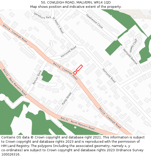 50, COWLEIGH ROAD, MALVERN, WR14 1QD: Location map and indicative extent of plot