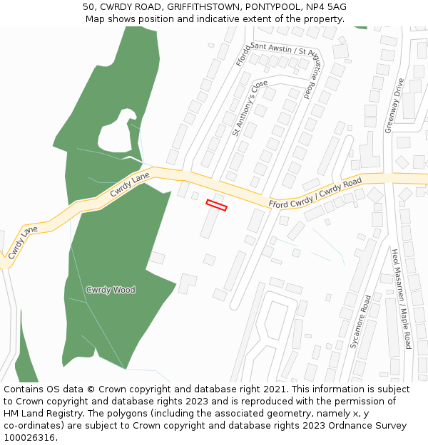 50, CWRDY ROAD, GRIFFITHSTOWN, PONTYPOOL, NP4 5AG: Location map and indicative extent of plot