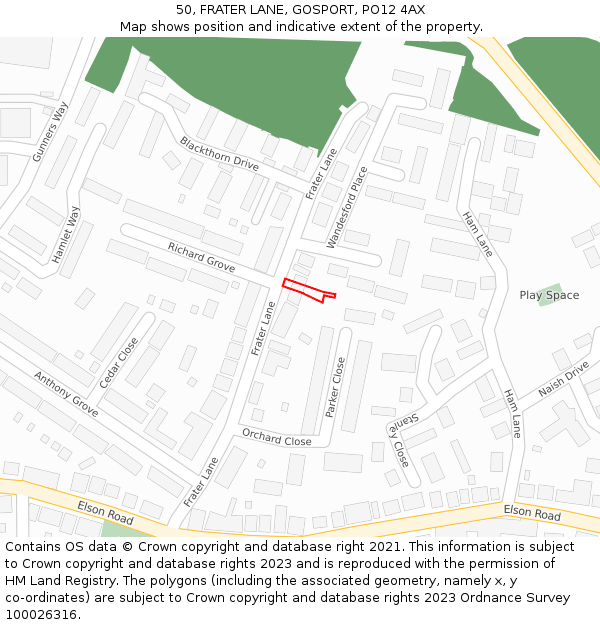 50, FRATER LANE, GOSPORT, PO12 4AX: Location map and indicative extent of plot