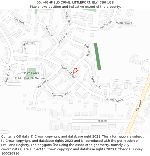 50, HIGHFIELD DRIVE, LITTLEPORT, ELY, CB6 1GB: Location map and indicative extent of plot