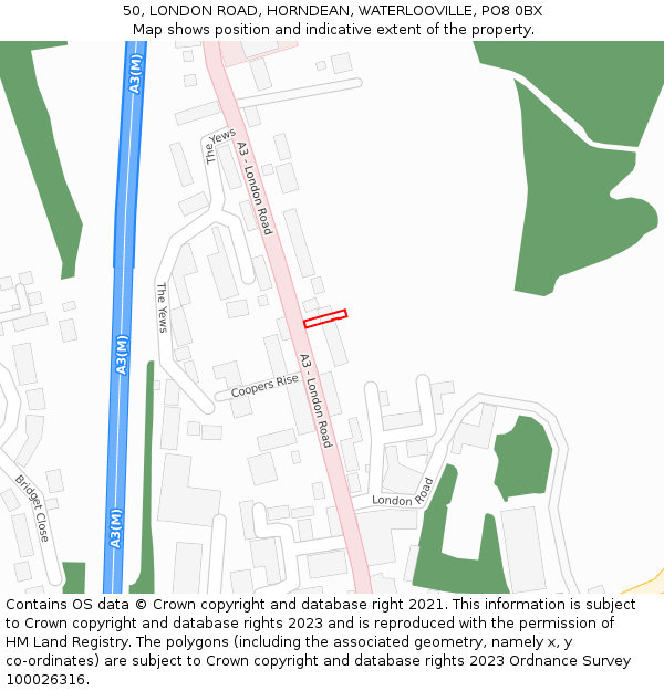 50, LONDON ROAD, HORNDEAN, WATERLOOVILLE, PO8 0BX: Location map and indicative extent of plot