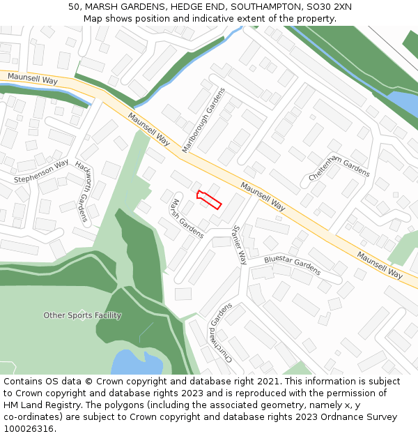 50, MARSH GARDENS, HEDGE END, SOUTHAMPTON, SO30 2XN: Location map and indicative extent of plot