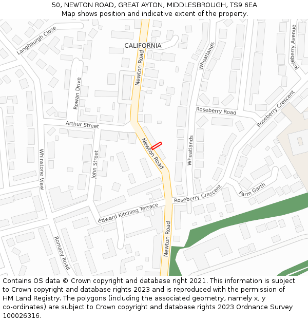 50, NEWTON ROAD, GREAT AYTON, MIDDLESBROUGH, TS9 6EA: Location map and indicative extent of plot