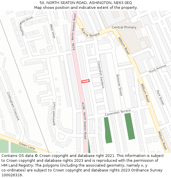 50, NORTH SEATON ROAD, ASHINGTON, NE63 0EQ: Location map and indicative extent of plot