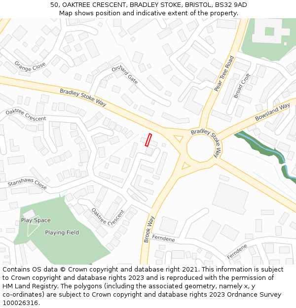 50, OAKTREE CRESCENT, BRADLEY STOKE, BRISTOL, BS32 9AD: Location map and indicative extent of plot
