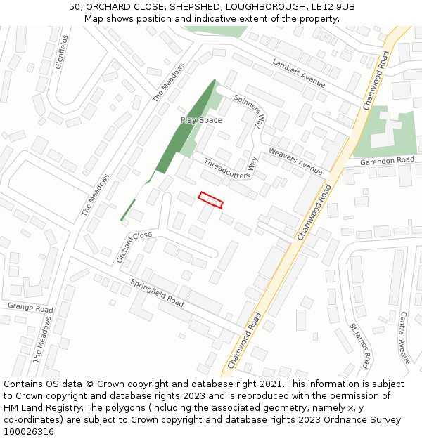 50, ORCHARD CLOSE, SHEPSHED, LOUGHBOROUGH, LE12 9UB: Location map and indicative extent of plot