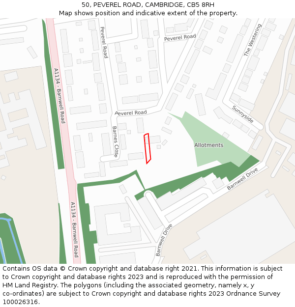50, PEVEREL ROAD, CAMBRIDGE, CB5 8RH: Location map and indicative extent of plot
