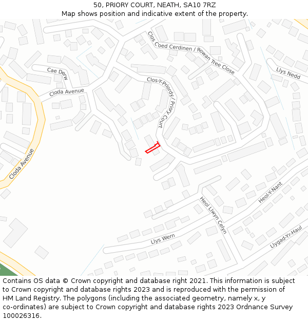 50, PRIORY COURT, NEATH, SA10 7RZ: Location map and indicative extent of plot
